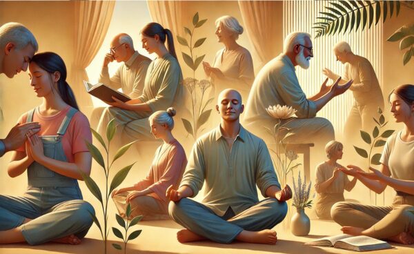 Ilustración digital realista que muestra a personas participando en actividades significativas como leer, meditar, y conversar, representando el crecimiento personal en un ambiente cálido y acogedor.